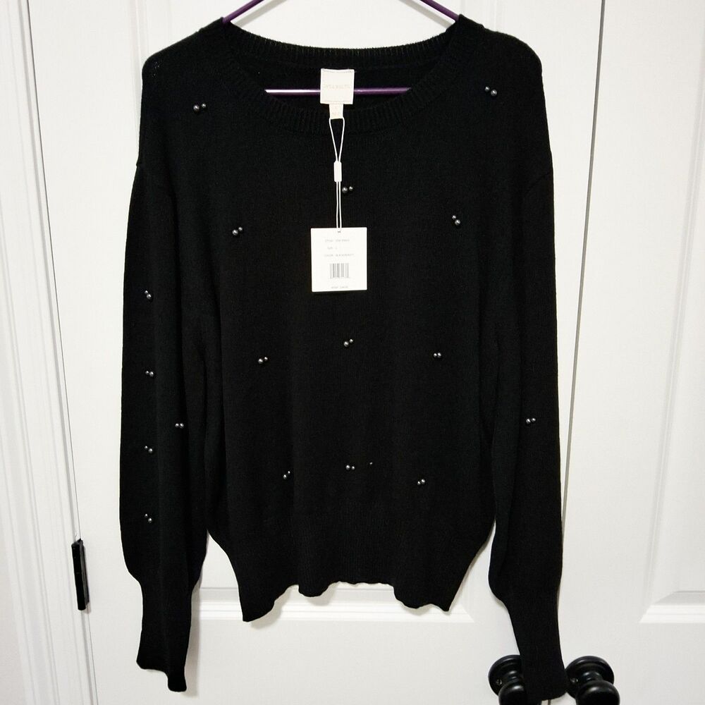 Zac & Rachel Black Fashion Sweater Faux Pearl Accents Size Large NWT